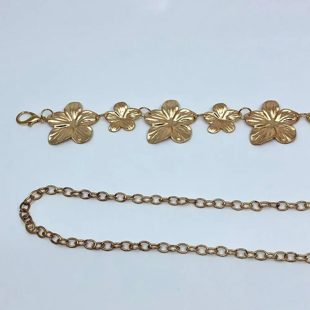 Vintage Y2K Boho Gold Flower Chain Belt, Fits 12.5–36 Inches, X7GA1179